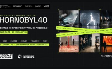 Афіша виставки CHORNOBYL40 у Києві: колаж робіт учасників і напис «40 років після»